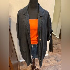 Free People Linen feel Black Oversized Button Short Sleeve Cardigan